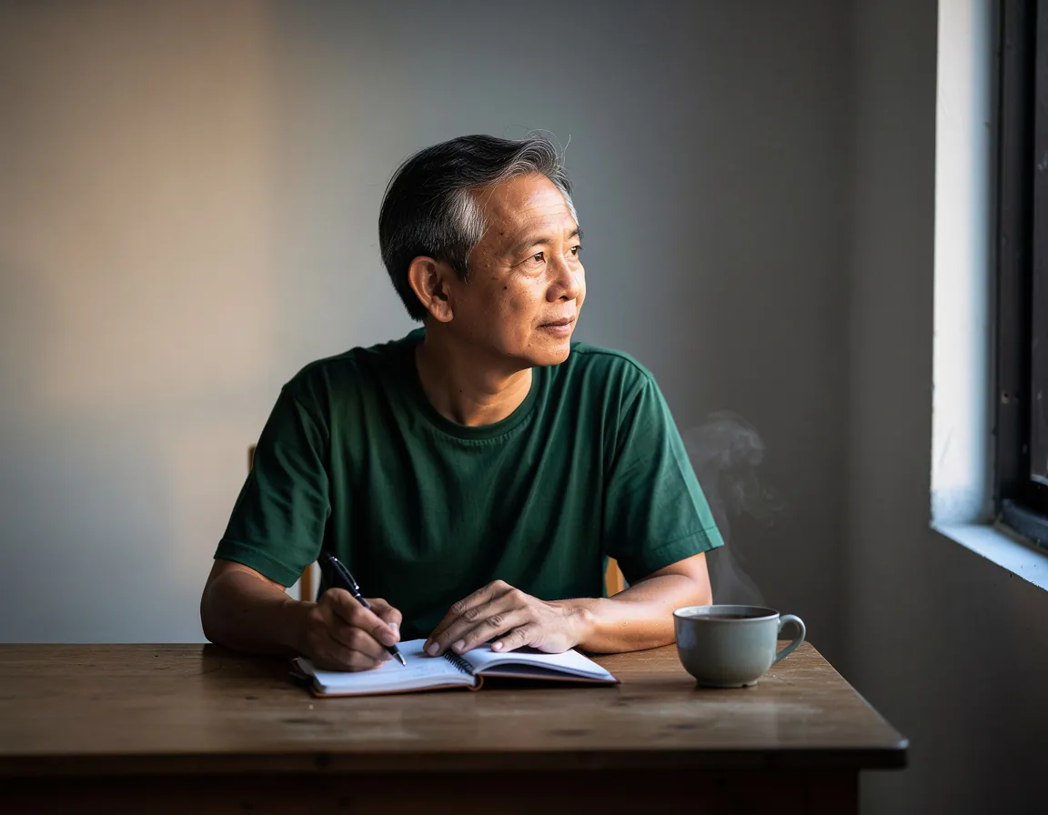 A founder writing in a notebook at dawn