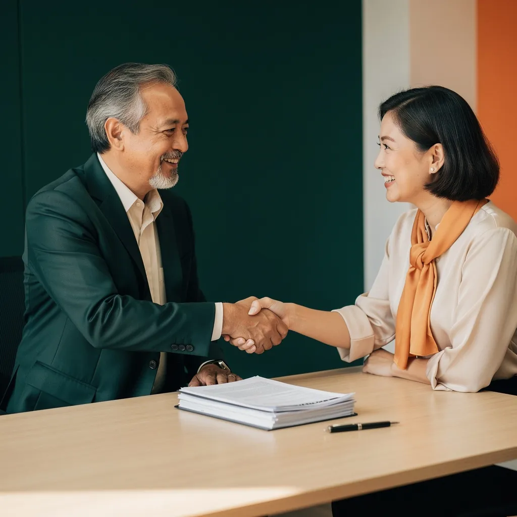 Two colleagues shaking hands over an agreement