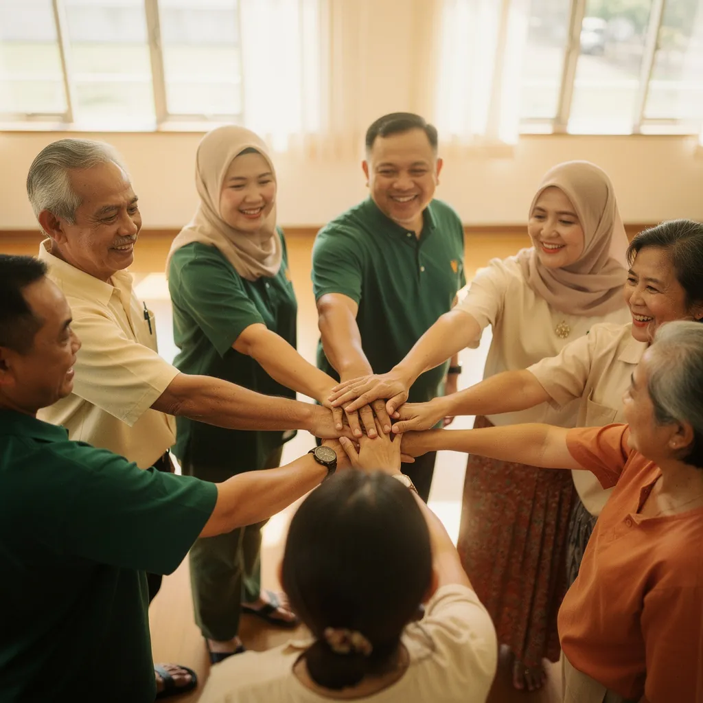 A team joining hands in a circle