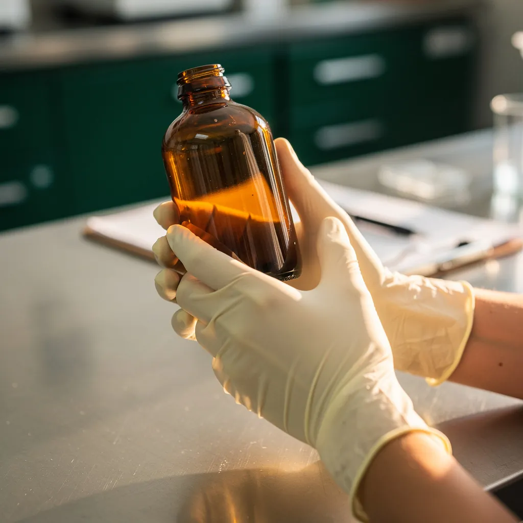 Gloved hands holding a lab sample bottle
